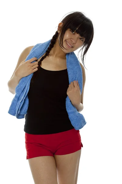 Pretty young Asian woman with towel after fitness — Stock Photo, Image