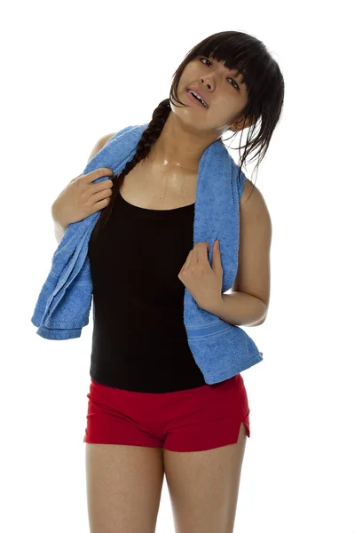 Pretty young Asian woman with towel after fitness — Stock Photo, Image