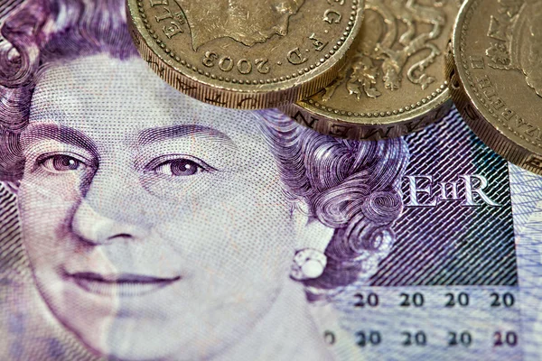 Uk sterling money notes and coins — Stock Photo, Image