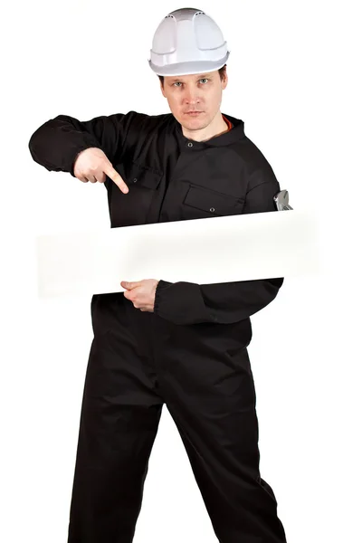 Handyman vestindo uniforme e chapéu duro — Fotografia de Stock
