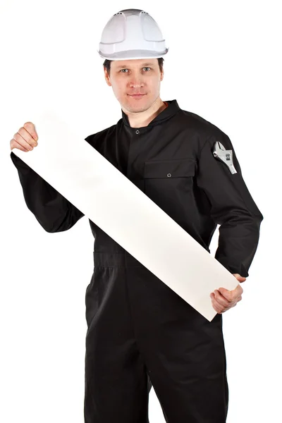 Handyman wearing uniform and hardhat — Stock Photo, Image