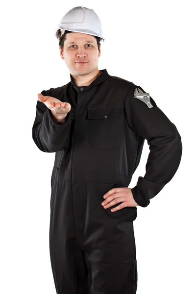 Handyman vistiendo uniforme y hardhat — Foto de Stock