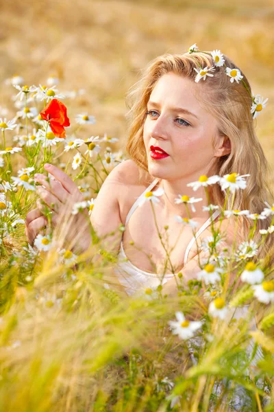 Blond tjej på fältet camomile — Stockfoto