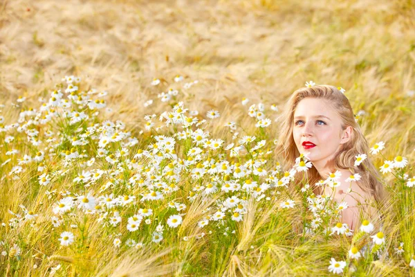 Blond girl on the camomile field — Stock Photo, Image