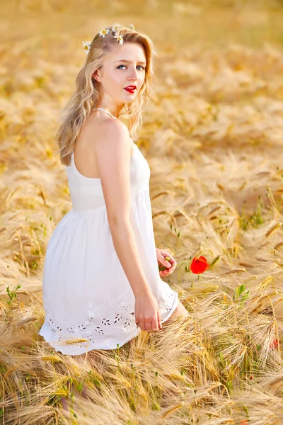 Porträtt av vacker flicka i fält — Stockfoto