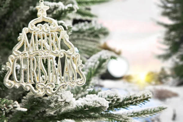 Kerstdecoratie met sneeuw en tak van kerstboom — Stockfoto