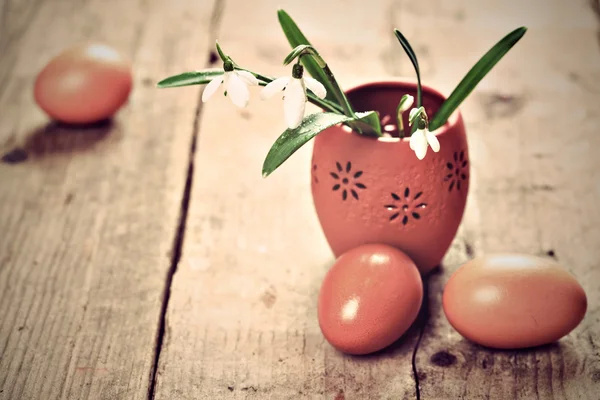Bunch of snowdrop flowers and eggs — Stock Photo, Image