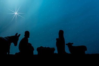 Yıldızlı gökyüzü ve Beytüllahim 'in yıldızıyla bir kreş silueti.