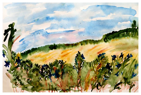 Landscape painted in watercolor, field — Stock Photo, Image