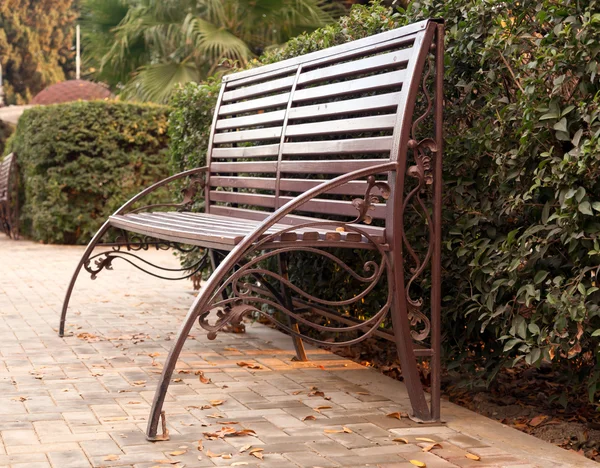 Hnědá kované lavička v podzimním parku — Stock fotografie