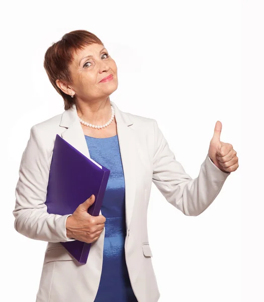 Happy woman 50 years old with a folder for documents — Stock Photo, Image