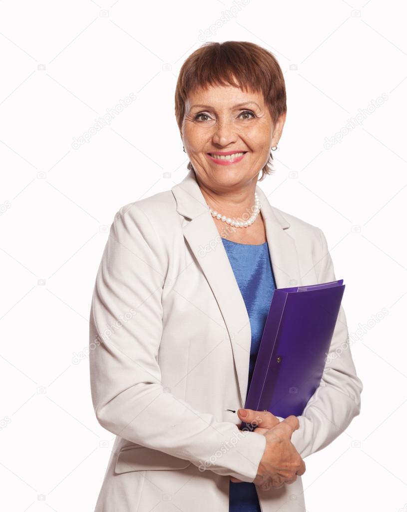 attractive woman 50 years old with a folder for documents