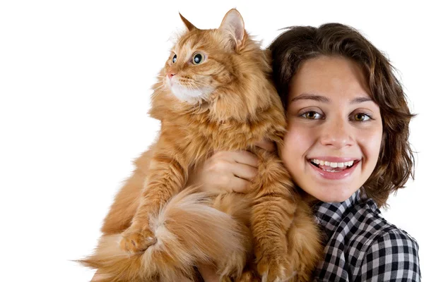 Young woman with red fluffy cat — Stock Photo, Image