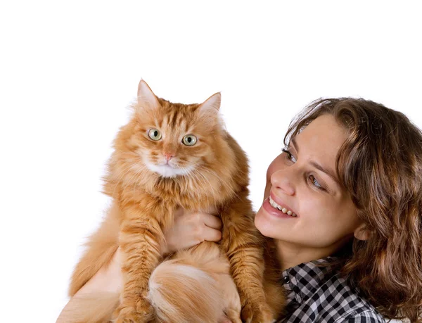 Jovem com gato fofo vermelho — Fotografia de Stock