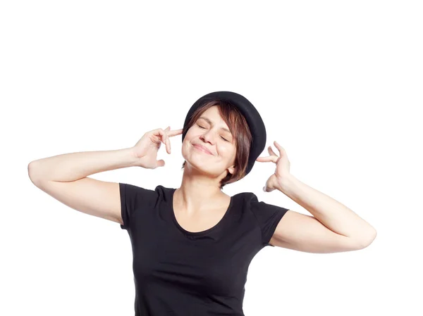 Young woman in black shirt smiling — Stock Photo, Image