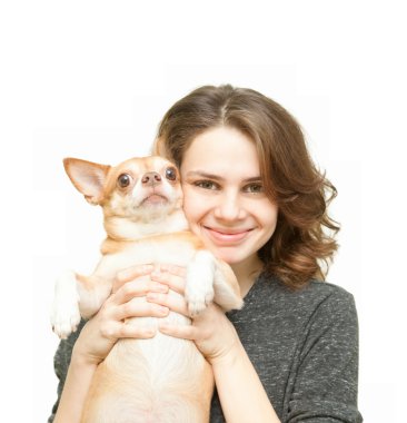 chihuahua köpek izole olan güzel kadın