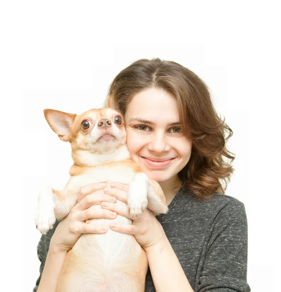 Hermosa joven mujer con chihuahua perro aislado —  Fotos de Stock