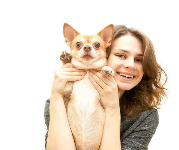 Bela jovem mulher com chihuahua cão isolado — Fotografia de Stock