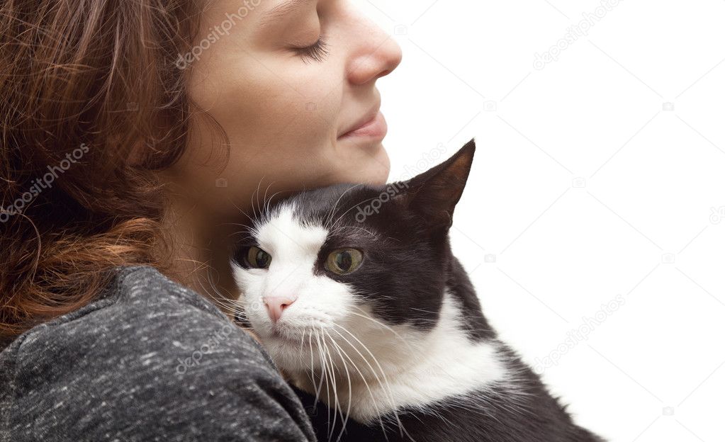 beautiful young woman  with monochrome black and white cat isola
