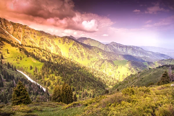 Pôr do sol brilhante impressionante nas montanhas, paisagem em col brilhante — Fotografia de Stock