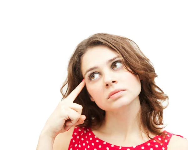 Joven hermosa mujer en rojo blusa pensamiento, aislado en blanco b — Foto de Stock