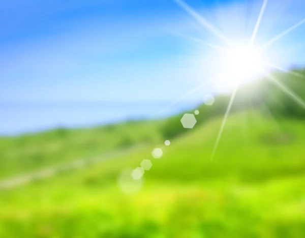 Wazig beeld van groene veld en de blauwe hemel, zomer achtergrond — Stockfoto