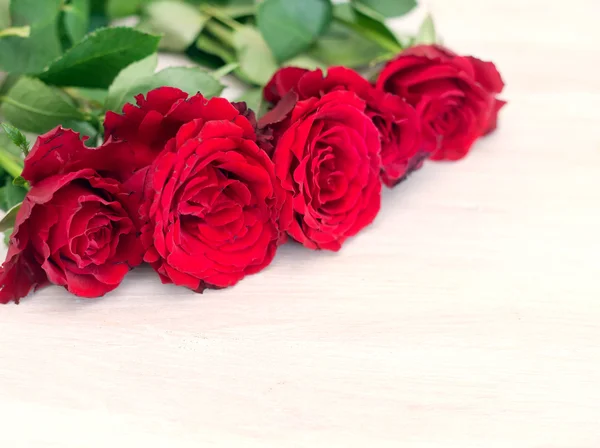 Algunas rosas rojas brillantes en una mesa de madera blanca —  Fotos de Stock