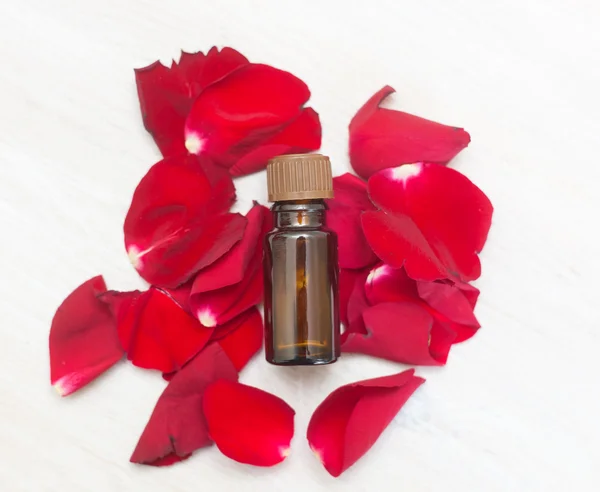 Bouteille d'huile d'aromathérapie et roses rouge vif, spa beauté — Photo