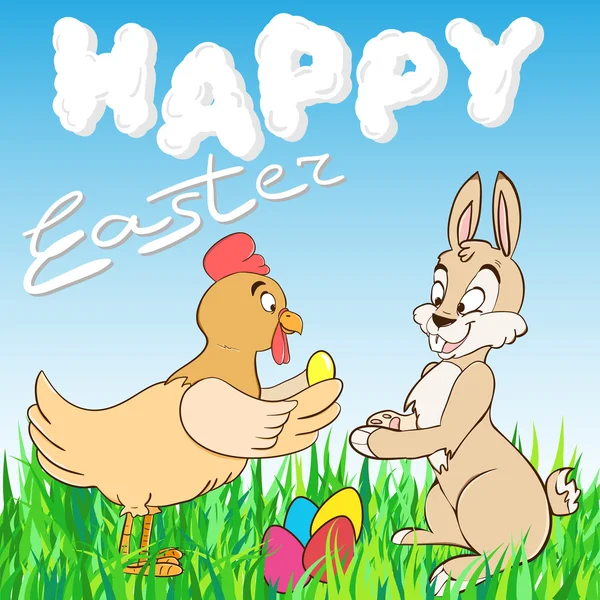 Cartoon chicken and the Easter Bunny "Happy Easter" — Stock Vector