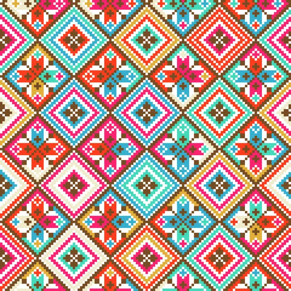 Разноцветный племенной бесшовный рисунок пикселизированный — стоковый вектор
