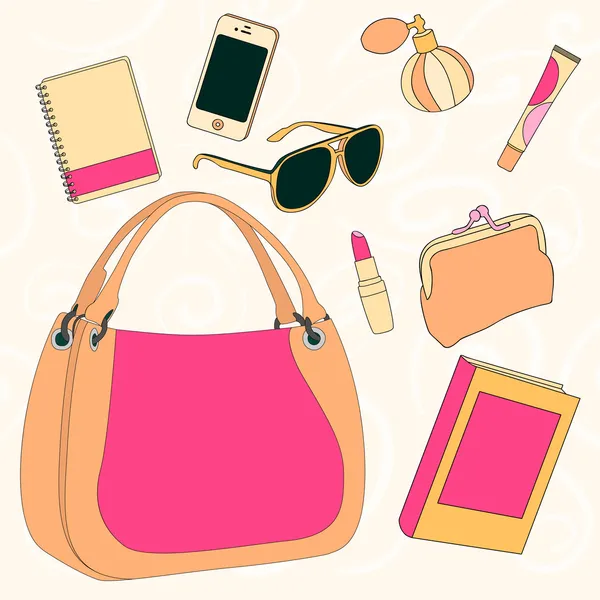 What is stored in the women's bag? — Stock Vector