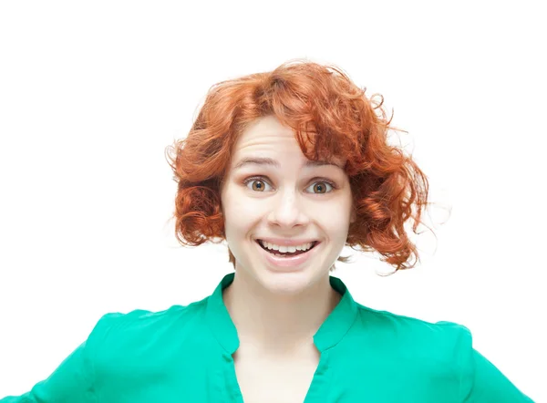 Emotionele gelukkig jonge roodharige vrouw, geïsoleerd op witte backgr — Stockfoto