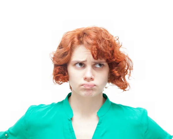 Emotional red-haired woman in doubt, isolated on white backgroun — Stock Photo, Image