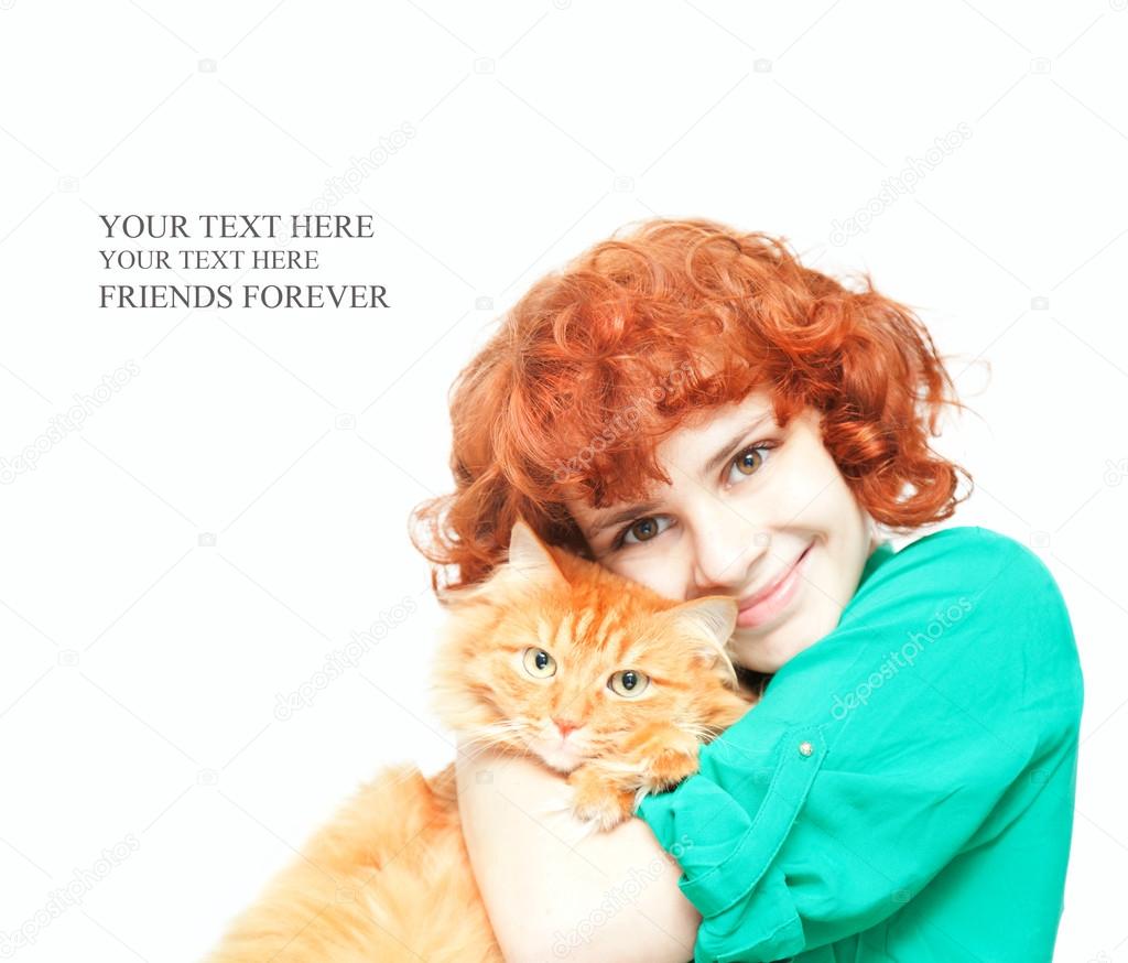 curly red-haired girl with a red cat isolated on white