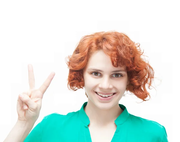 Emocjonalne szczęśliwy młoda rudowłosa kobieta, na tle białym tle — Zdjęcie stockowe