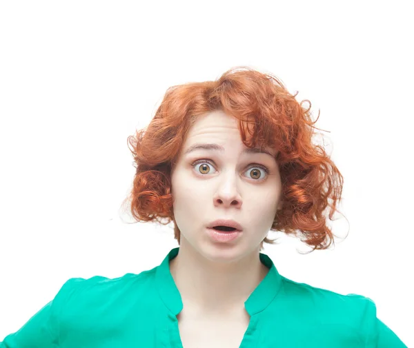 Emotional surprised red-haired woman, isolated on white backgrou — Stock Photo, Image