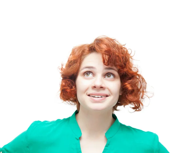 Συναισθηματική ευτυχισμένη νέων κοκκινομάλλης γυναίκα, απομονώνονται σε λευκό έκφραση — Φωτογραφία Αρχείου