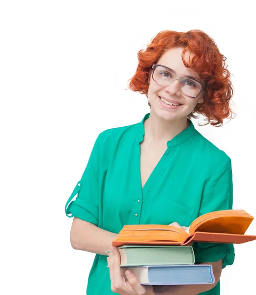 Chica pelirroja en gafas con libros — Foto de Stock