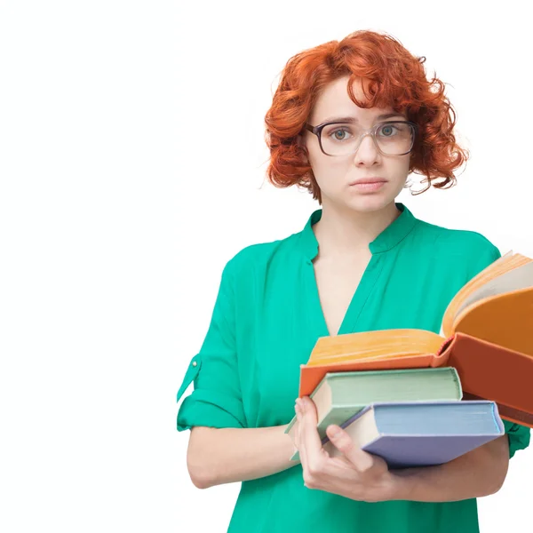 Red-haired girl in glasses with books — Stock Photo, Image