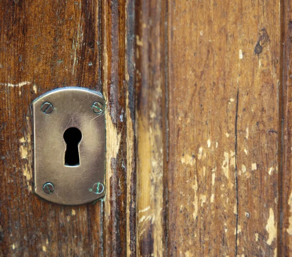 Buraco de fechadura retro em uma porta de madeira — Fotografia de Stock