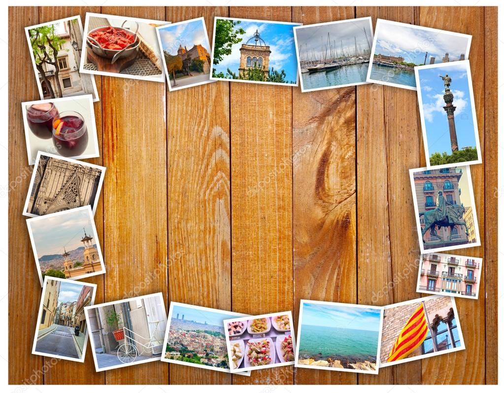 Barcelona collage, a few photos on a wooden background, postcard