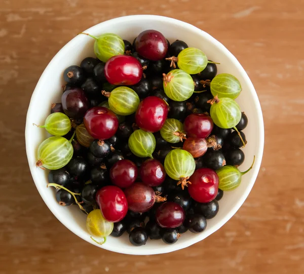 Tazón con diferentes bayas frescas brillante, naturaleza muerta de verano — Foto de Stock