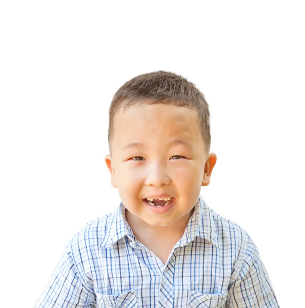 Emocional Asiático menino 6 anos, isolado no fundo branco — Fotografia de Stock