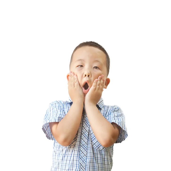 Emocional Asiático menino 6 anos, isolado no fundo branco — Fotografia de Stock