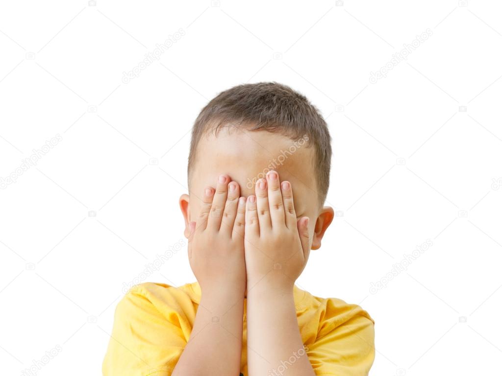 boy covers his face with his hands, isolated on white background