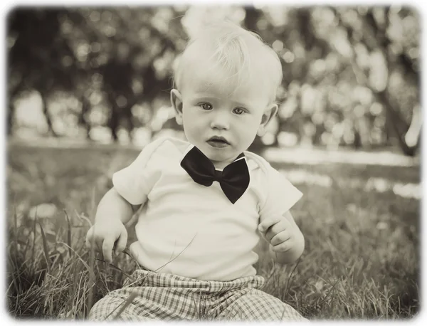 Grappige kleine jongen zittend op het gras in het park — Stockfoto