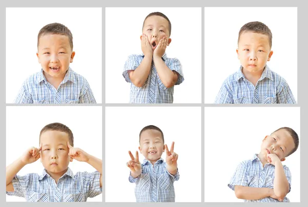 Asiático chico 6 años, collage de diferentes emociones —  Fotos de Stock