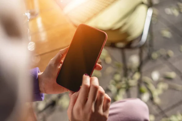 Top View Mockup Image Woman Holding Red Mobile Phone Smartphone — Stock Photo, Image