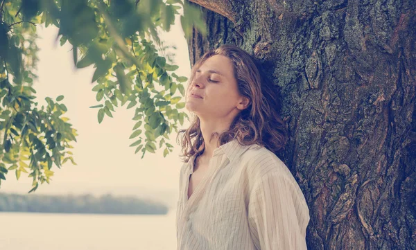 Beautiful Young Woman Relaxing Enjoying Rest Nature Garden Closed Eyes — стоковое фото