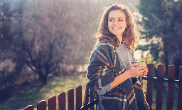 Happy Cheerful Beautiful Curly Young Woman Enjoying Morning Coffee Mountain — Stock Photo, Image